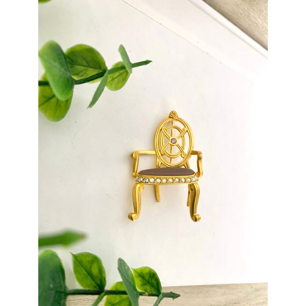 Vintage Bob Mackie Brooch Gold Tone Chair Crystal Rhinestone Figural Pin Whimsy